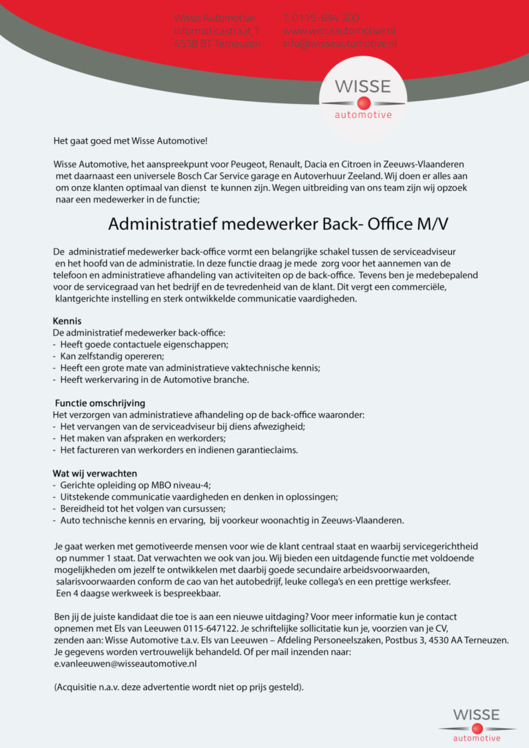 Vacature Administratief Medewerker Back- Office - Wisse Automotive